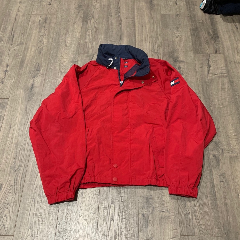 VTG 90s Red Tommy Hilfiger Front Zip Bomber Flag